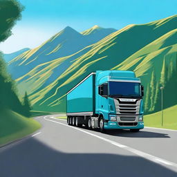 A detailed and realistic image of a truck driving on a highway, with clear blue skies and mountains in the background