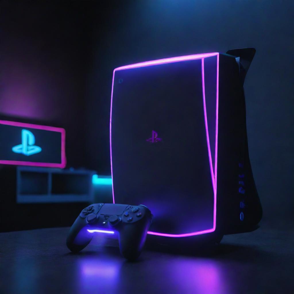 A PlayStation 5 console reincarnated in a cyberpunk vision, bathed in neon lights, integrated holographic displays, sleek high-tech materials, all the while preserving its gaming potential.