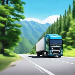 A detailed and realistic image of a truck driving on a highway, with clear blue skies and mountains in the background