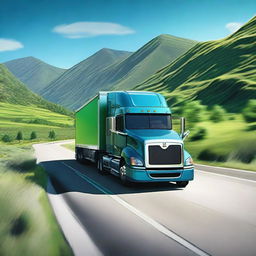 A detailed and realistic image of a truck driving on a highway, with clear blue skies and mountains in the background