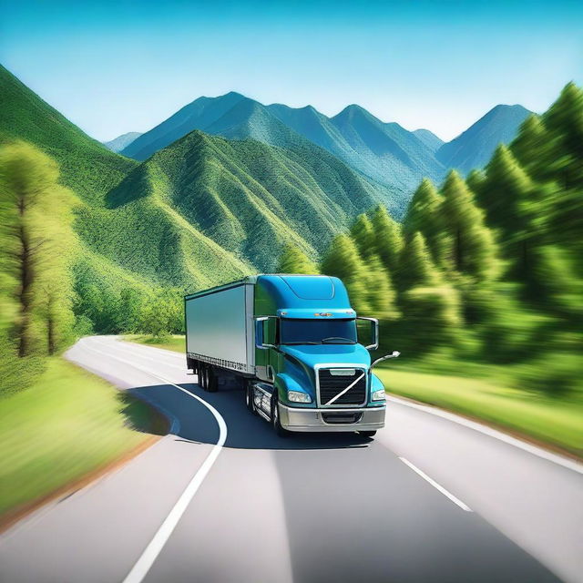 A detailed and realistic image of a truck driving on a highway, with clear blue skies and mountains in the background