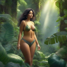 A woman with a voluptuous figure standing in a lush, dense jungle