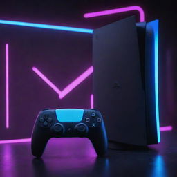 A PlayStation 5 console reincarnated in a cyberpunk vision, bathed in neon lights, integrated holographic displays, sleek high-tech materials, all the while preserving its gaming potential.