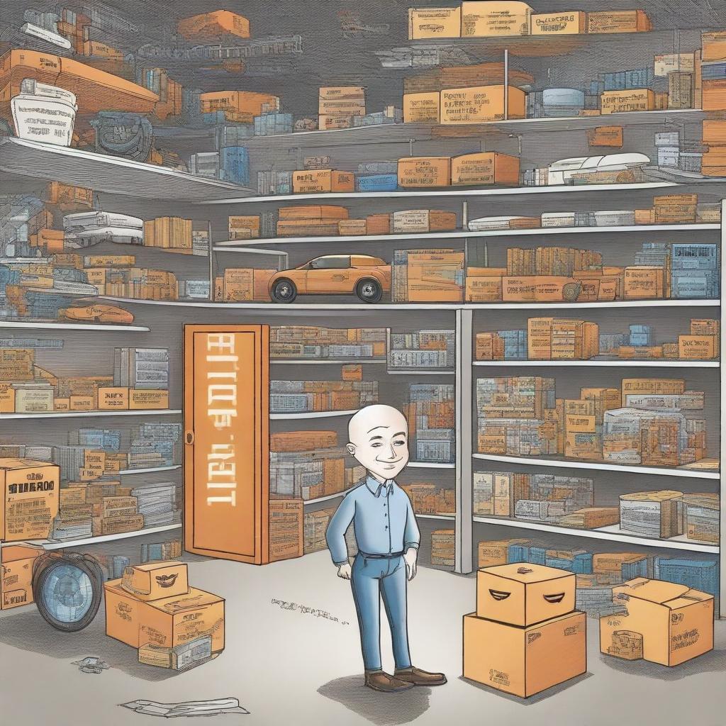 An intricate illustration depicting Jeff Bezos' journey from starting Amazon in his garage to building a global empire