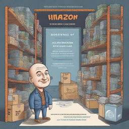 An intricate illustration depicting Jeff Bezos' journey from starting Amazon in his garage to building a global empire