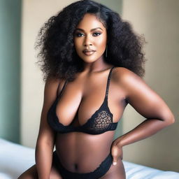 A beautiful Black woman with ample breasts in lingerie, posing seductively