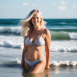 A blonde woman with noticeable curves standing in an ocean