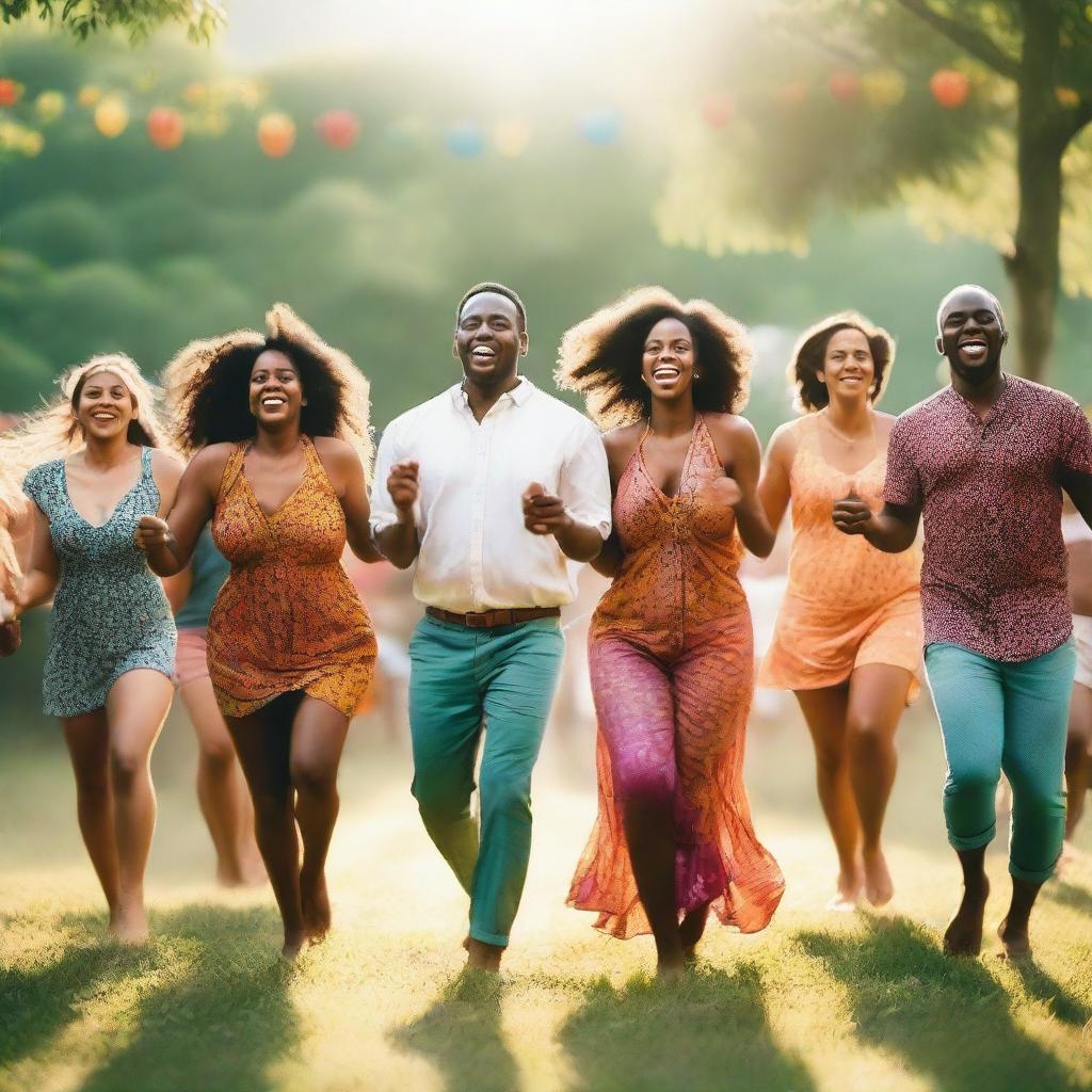 A vibrant scene of people dancing barefoot and rejoicing in a joyful celebration