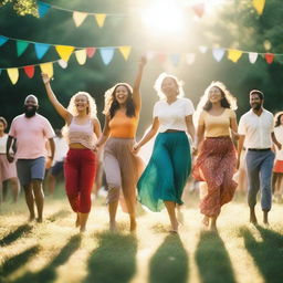 A vibrant scene of people dancing barefoot and rejoicing in a joyful celebration