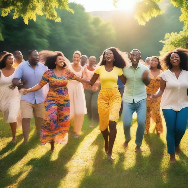 A vibrant scene of people dancing barefoot and rejoicing in a joyful celebration