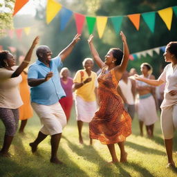 A vibrant scene of people dancing barefoot and rejoicing in a joyful celebration