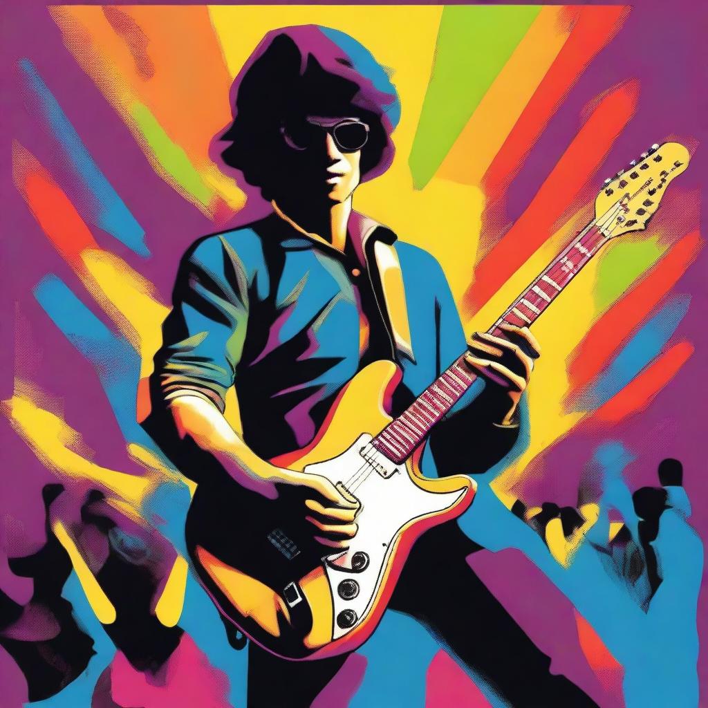 A vibrant and colorful print of a rock musician, captured in a retro style