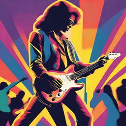 A vibrant and colorful print of a rock musician, captured in a retro style