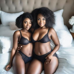 Two beautiful, Black women with ample breasts and toned bodies, wearing lingerie, lying in bed together in a loving embrace