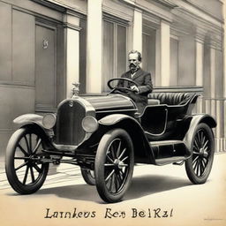 A detailed illustration of Karl Benz's journey from a poor child to revolutionizing the world with the invention of the automobile and founding Mercedes-Benz