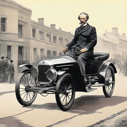 A detailed illustration of Karl Benz's journey from a poor child to revolutionizing the world with the invention of the automobile and founding Mercedes-Benz