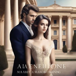 Create a book cover featuring a luxurious mansion with grand architecture in the background