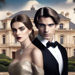 Create a book cover featuring a luxurious mansion with grand architecture in the background