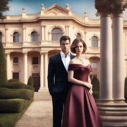 Create a book cover featuring a luxurious mansion with grand architecture in the background