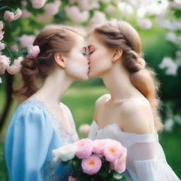 Two Russian girls sharing a kiss in a tender and intimate moment