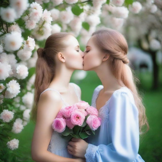 Two Russian girls sharing a kiss in a tender and intimate moment