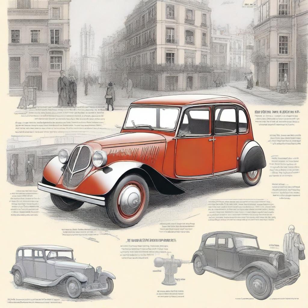 A detailed illustration of André Citroën's journey from a poor child to revolutionizing the automotive industry with Citroën