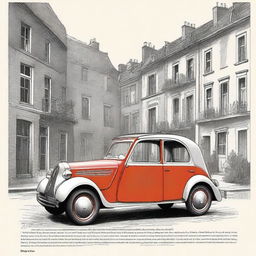 A detailed illustration of André Citroën's journey from a poor child to revolutionizing the automotive industry with Citroën