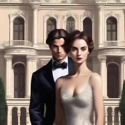 Create a book cover with a luxurious mansion in the background, illustrated with grand architecture