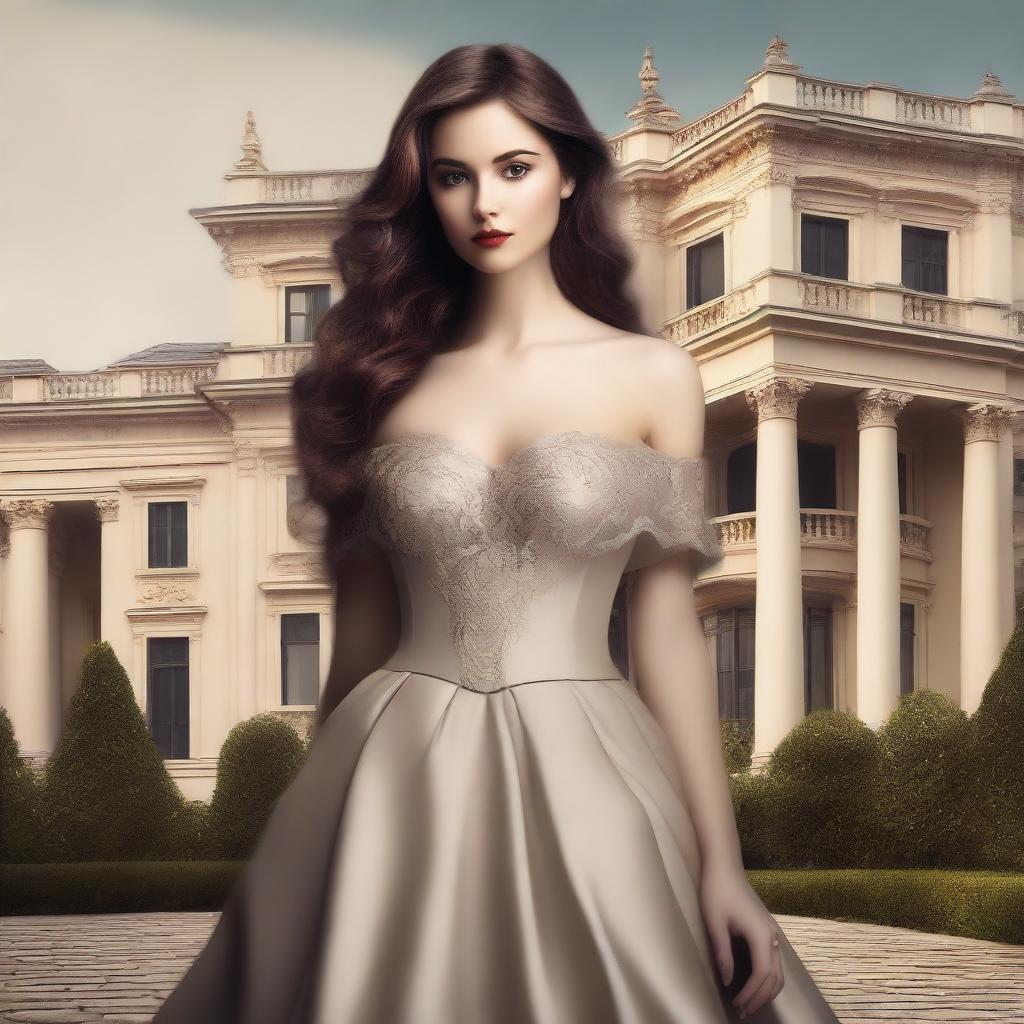 Create a book cover with a luxurious mansion in the background, illustrated with grand architecture