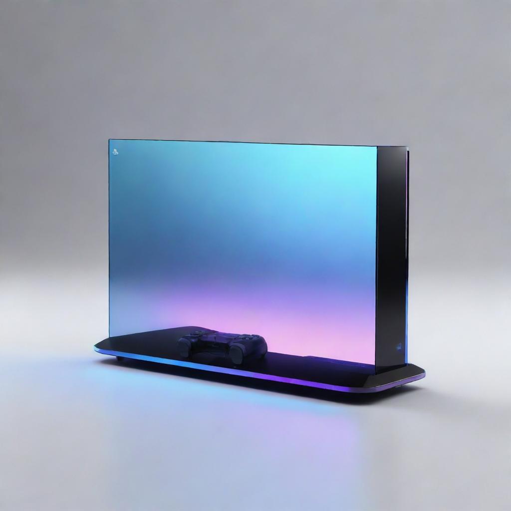 A conceptual PlayStation 7, illustrating the distant future of gaming with hyper-realistic holographic gameplay, quantum computing speed, and a design so sleek and minimalist it seems almost invisible.