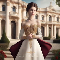 Create a book cover depicting a luxurious mansion with grand architecture in the background