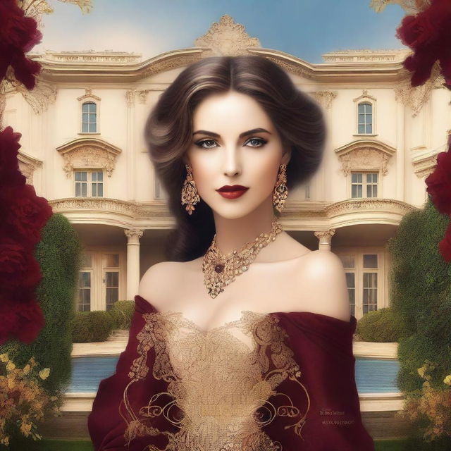 Create a book cover depicting a luxurious mansion with grand architecture in the background