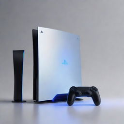 A conceptual PlayStation 7, illustrating the distant future of gaming with hyper-realistic holographic gameplay, quantum computing speed, and a design so sleek and minimalist it seems almost invisible.