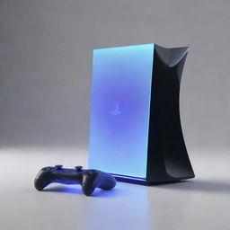 A conceptual PlayStation 7, illustrating the distant future of gaming with hyper-realistic holographic gameplay, quantum computing speed, and a design so sleek and minimalist it seems almost invisible.