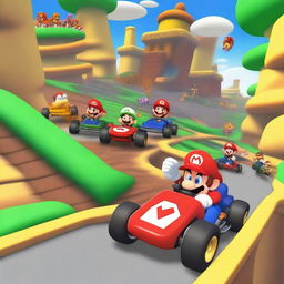 Mario and his friends racing in their karts on Bowser's Castle circuit