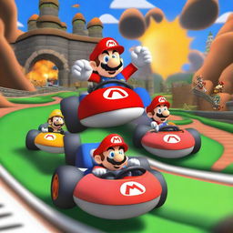 Mario and his friends racing in their karts on Bowser's Castle circuit