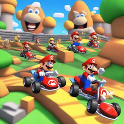 Mario and his friends racing in their karts on Bowser's Castle circuit