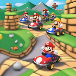 Mario and his friends racing in their karts on Bowser's Castle circuit