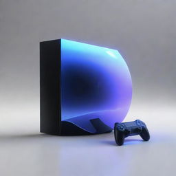 A conceptual PlayStation 7, illustrating the distant future of gaming with hyper-realistic holographic gameplay, quantum computing speed, and a design so sleek and minimalist it seems almost invisible.