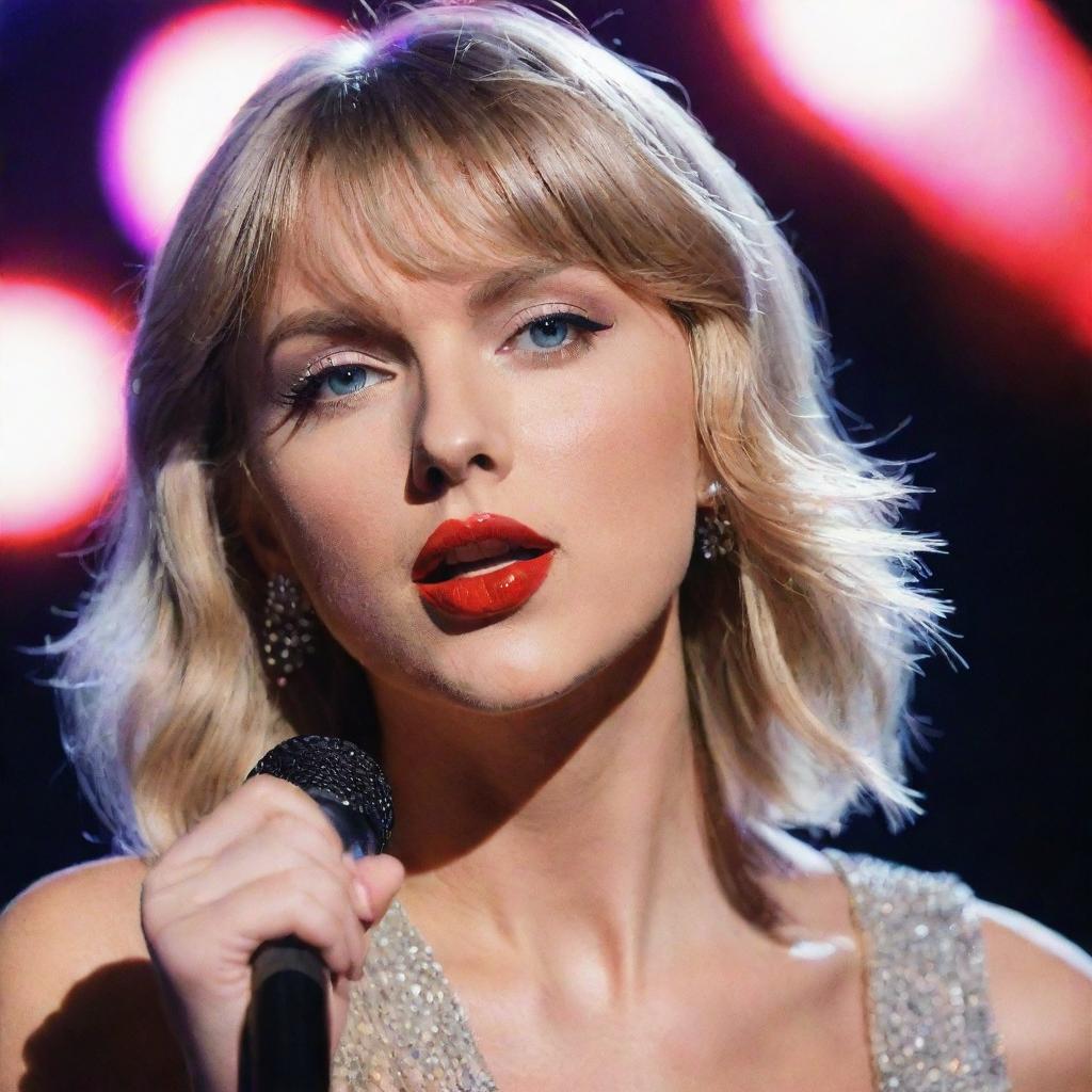 A portrait of Taylor Swift in her iconic red lipstick and blonde hair, performing with a microphone on stage lit up with vibrant lights.