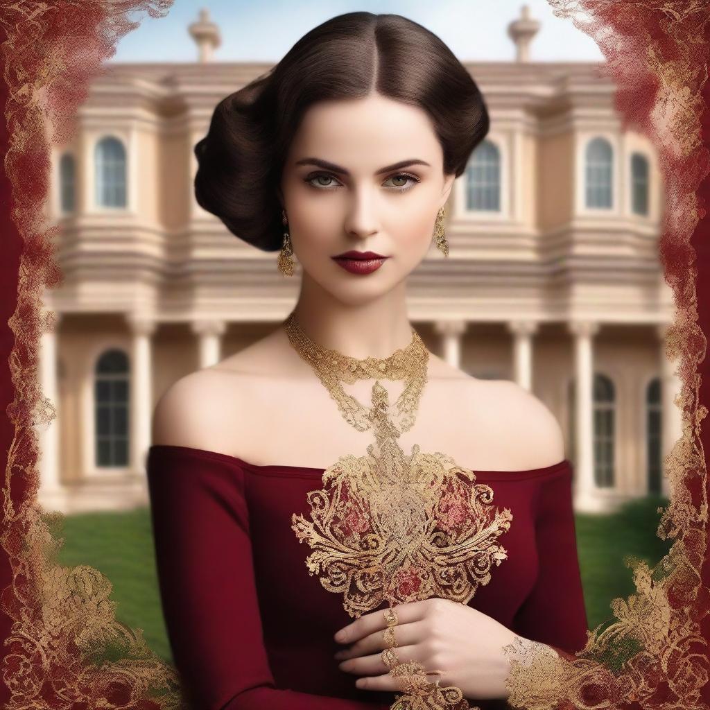 Create a book cover with a luxurious mansion in the background, featuring grand architecture