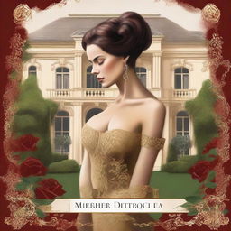 Create a book cover with a luxurious mansion in the background, featuring grand architecture