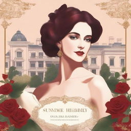 Create a book cover with a luxurious mansion in the background, illustrated with grand architecture