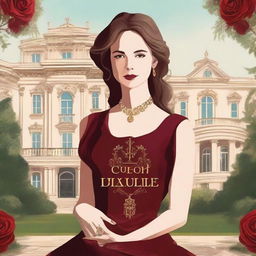 Create a book cover with a luxurious mansion in the background, illustrated with grand architecture