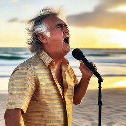 A vivid image of Hugo Cobo singing on the beach