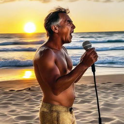 A vivid image of Hugo Cobo singing on the beach