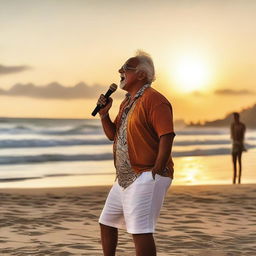 A vivid image of Hugo Cobo singing on the beach