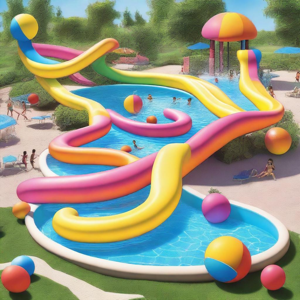 A colorful image of a swimming pool with a water slide and vibrant, multicolored balls floating on the water