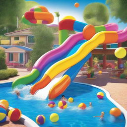 A colorful image of a swimming pool with a water slide and vibrant, multicolored balls floating on the water