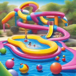 A colorful image of a swimming pool with a water slide and vibrant, multicolored balls floating on the water